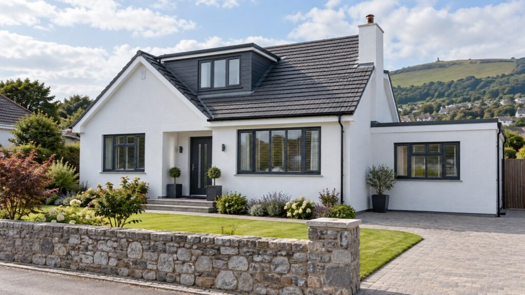 Freshly rendered chalet bungalow in Prestatyn, North Wales